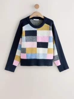 Next Navy Blue Multi Patched Crew Neck Knitted Jumper with Wool