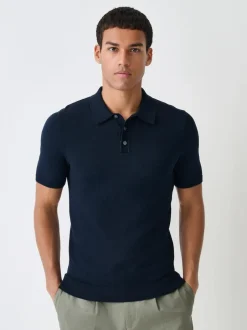 Next Muscle Fit Cotton Rich Short Sleeve Knit Polo Shirt Navy Blue Outlet
