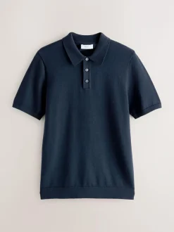 Next Muscle Fit Cotton Rich Short Sleeve Knit Polo Shirt Navy Blue Outlet