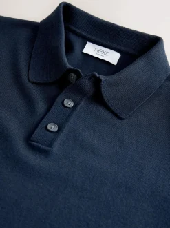 Next Muscle Fit Cotton Rich Short Sleeve Knit Polo Shirt Navy Blue Outlet