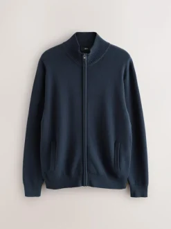 Next N.Premium Regular Fit 100% Cotton Premium Zip-Through Cardigan Navy Blue Clearance
