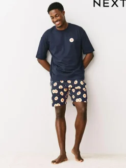 Next Navy Blue Printed Short Sleeve Jersey Pyjamas Set Best