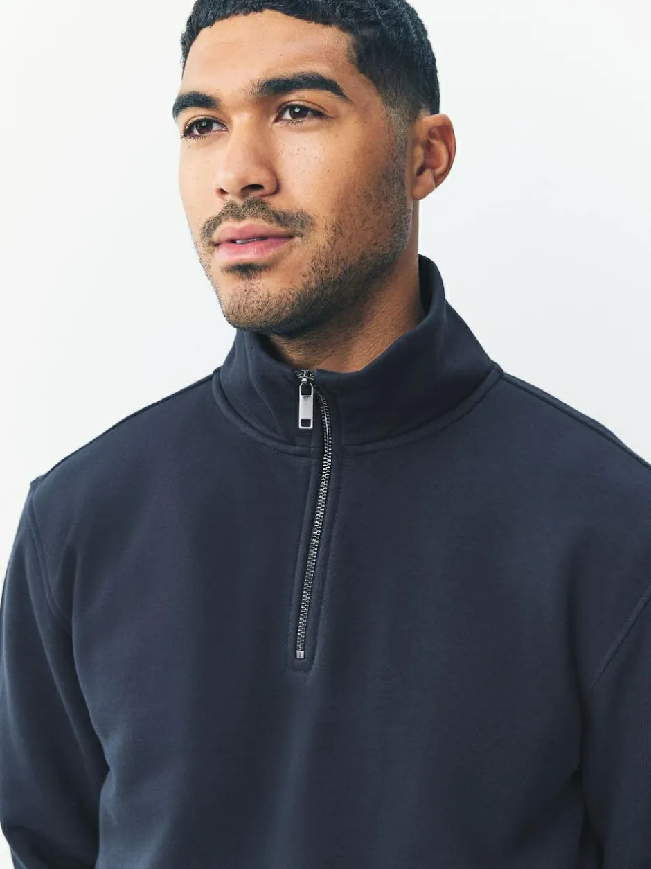 Next Navy Blue Quarter Zip Cotton Rich Jersey Sweatshirt Discount