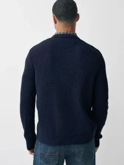 Next Navy Blue Regular Fit Aran Cable Mock Shirt Jumper Best