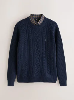 Next Navy Blue Regular Fit Aran Cable Mock Shirt Jumper Best