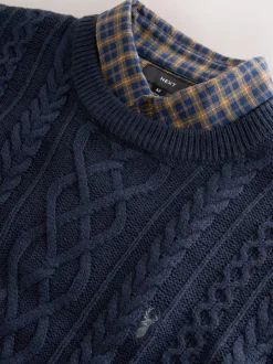 Next Navy Blue Regular Fit Aran Cable Mock Shirt Jumper Best