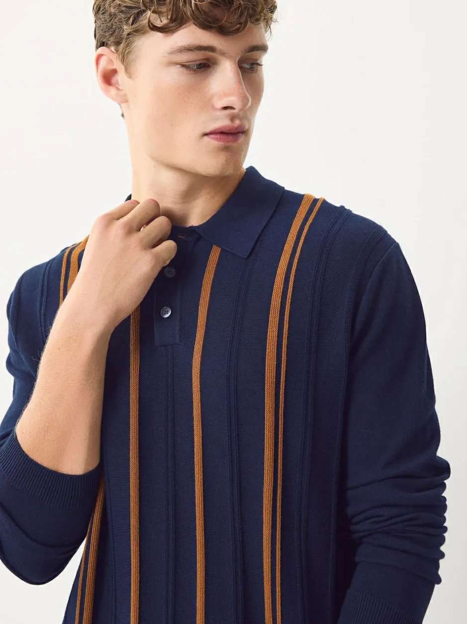 Next Regular Fit Cotton Rich Long Sleeve Stripe Knit Polo Shirt Navy Blue New