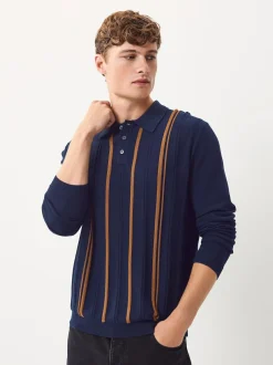 Next Regular Fit Cotton Rich Long Sleeve Stripe Knit Polo Shirt Navy Blue New