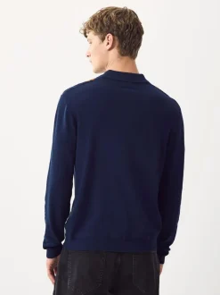 Next Regular Fit Cotton Rich Long Sleeve Stripe Knit Polo Shirt Navy Blue New