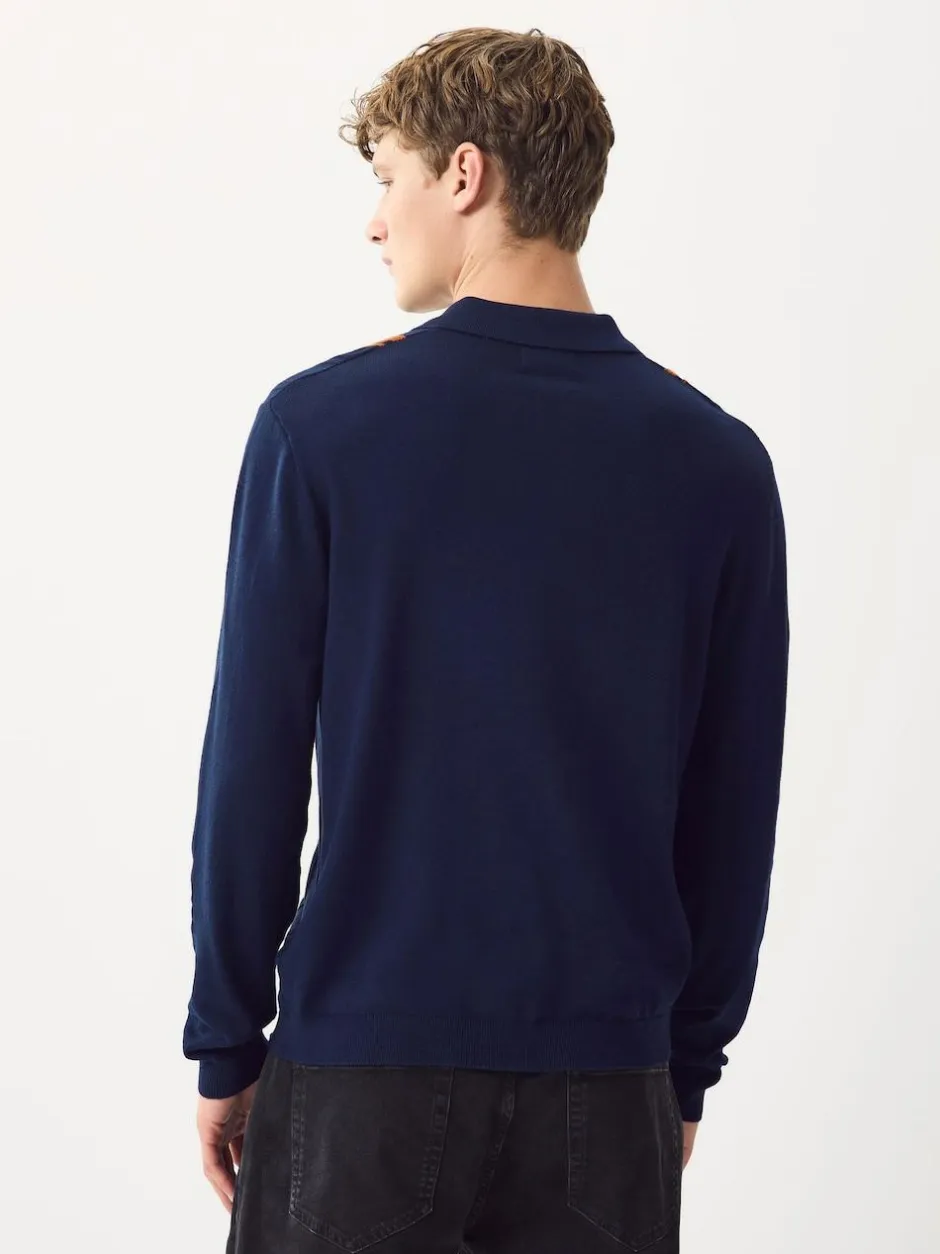 Next Regular Fit Cotton Rich Long Sleeve Stripe Knit Polo Shirt Navy Blue New