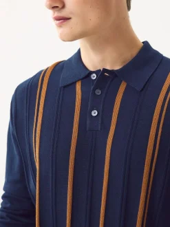 Next Regular Fit Cotton Rich Long Sleeve Stripe Knit Polo Shirt Navy Blue New