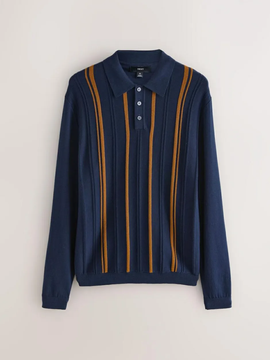 Next Regular Fit Cotton Rich Long Sleeve Stripe Knit Polo Shirt Navy Blue New