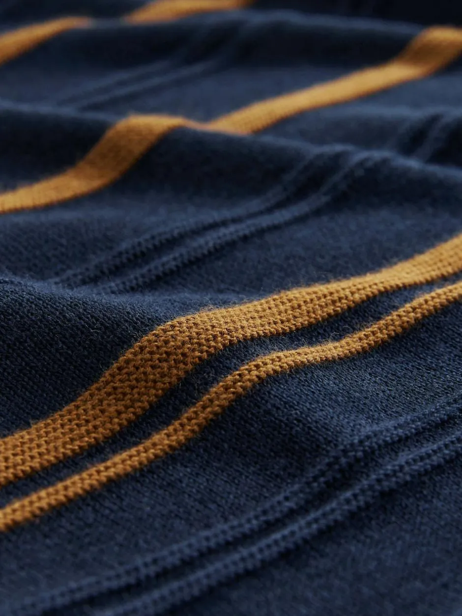 Next Regular Fit Cotton Rich Long Sleeve Stripe Knit Polo Shirt Navy Blue New