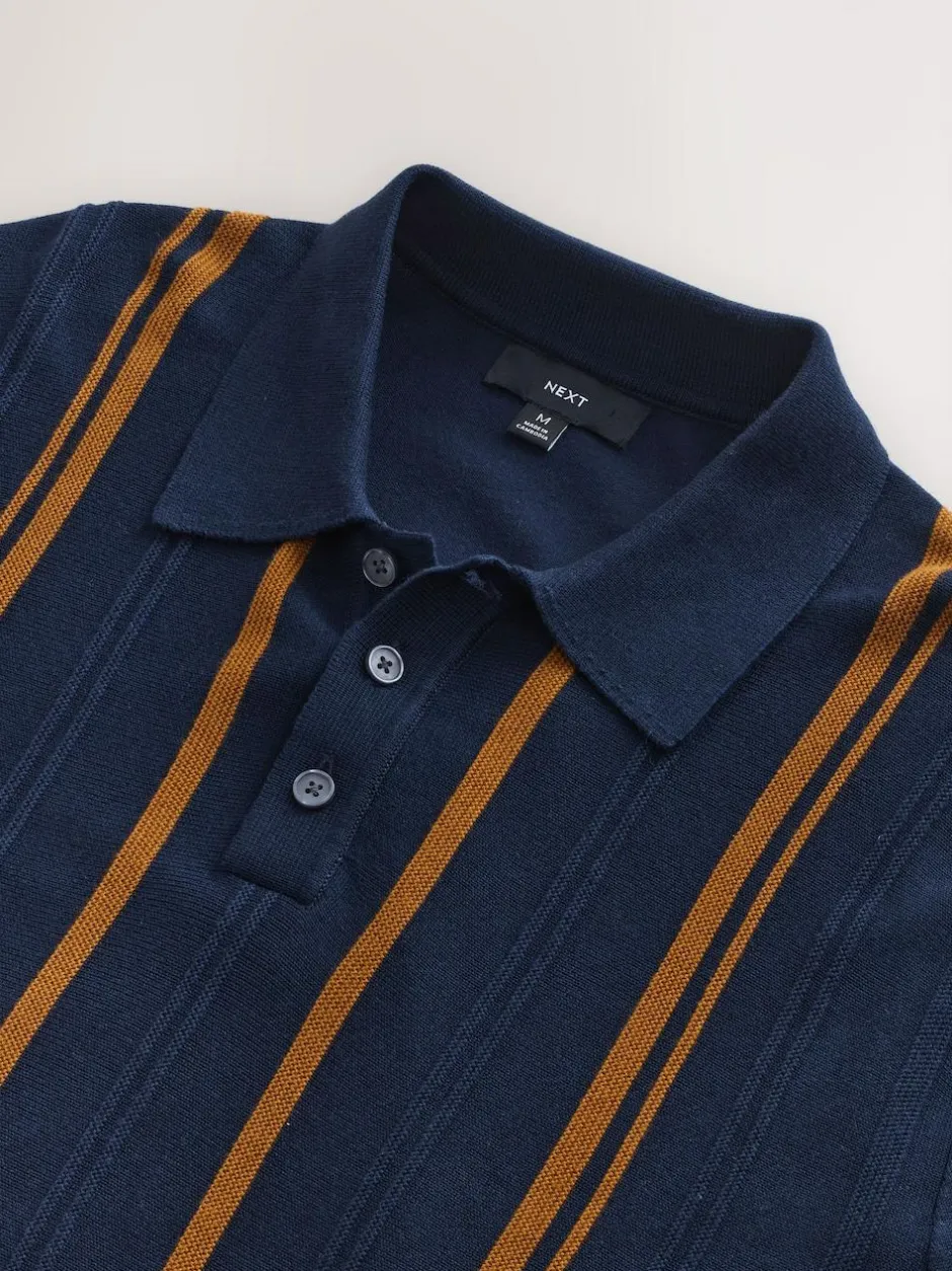 Next Regular Fit Cotton Rich Long Sleeve Stripe Knit Polo Shirt Navy Blue New