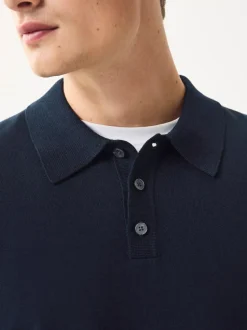 Next Navy Blue Regular Fit Cotton Rich Long Sleeve Knitted Polo Shirt Best