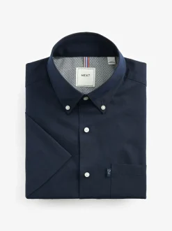 Next Regular Fit Short Sleeve Easy Iron Button Down Oxford Shirt Navy Blue Clearance