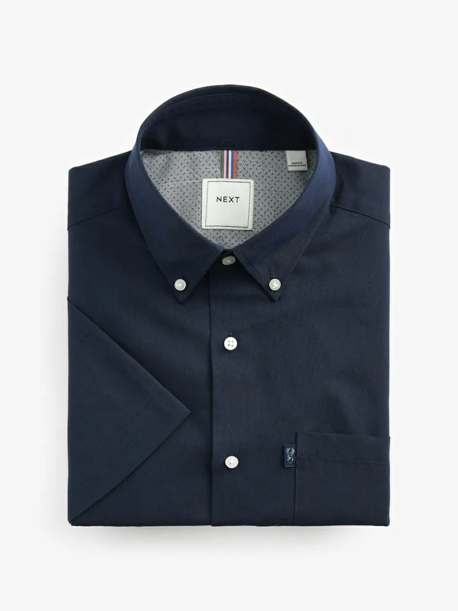 Next Regular Fit Short Sleeve Easy Iron Button Down Oxford Shirt Navy Blue Clearance