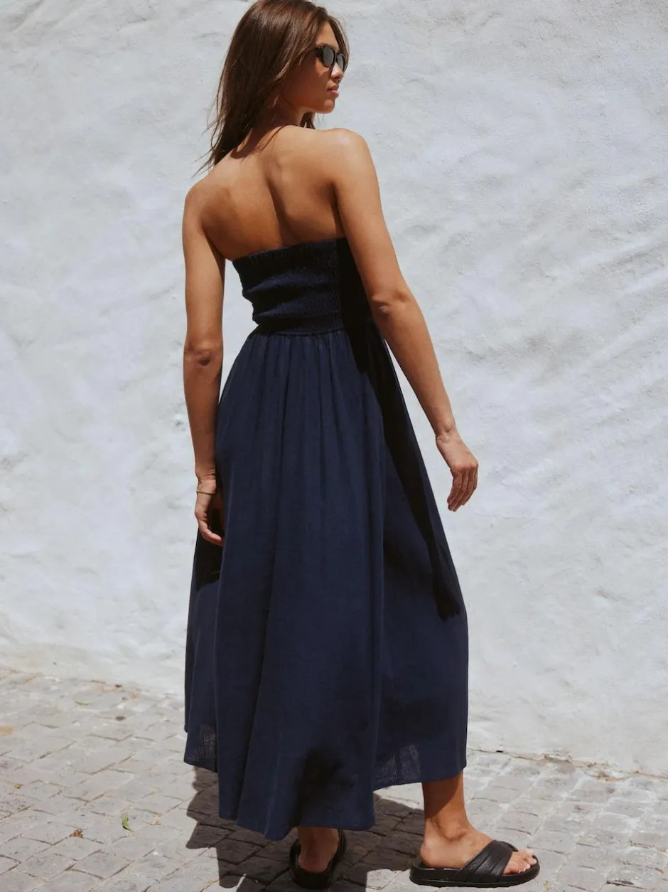 Next Ruched Bandeau Midi Dress with Linen Navy Blue
