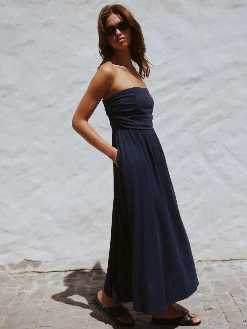 Next Ruched Bandeau Midi Dress with Linen Navy Blue