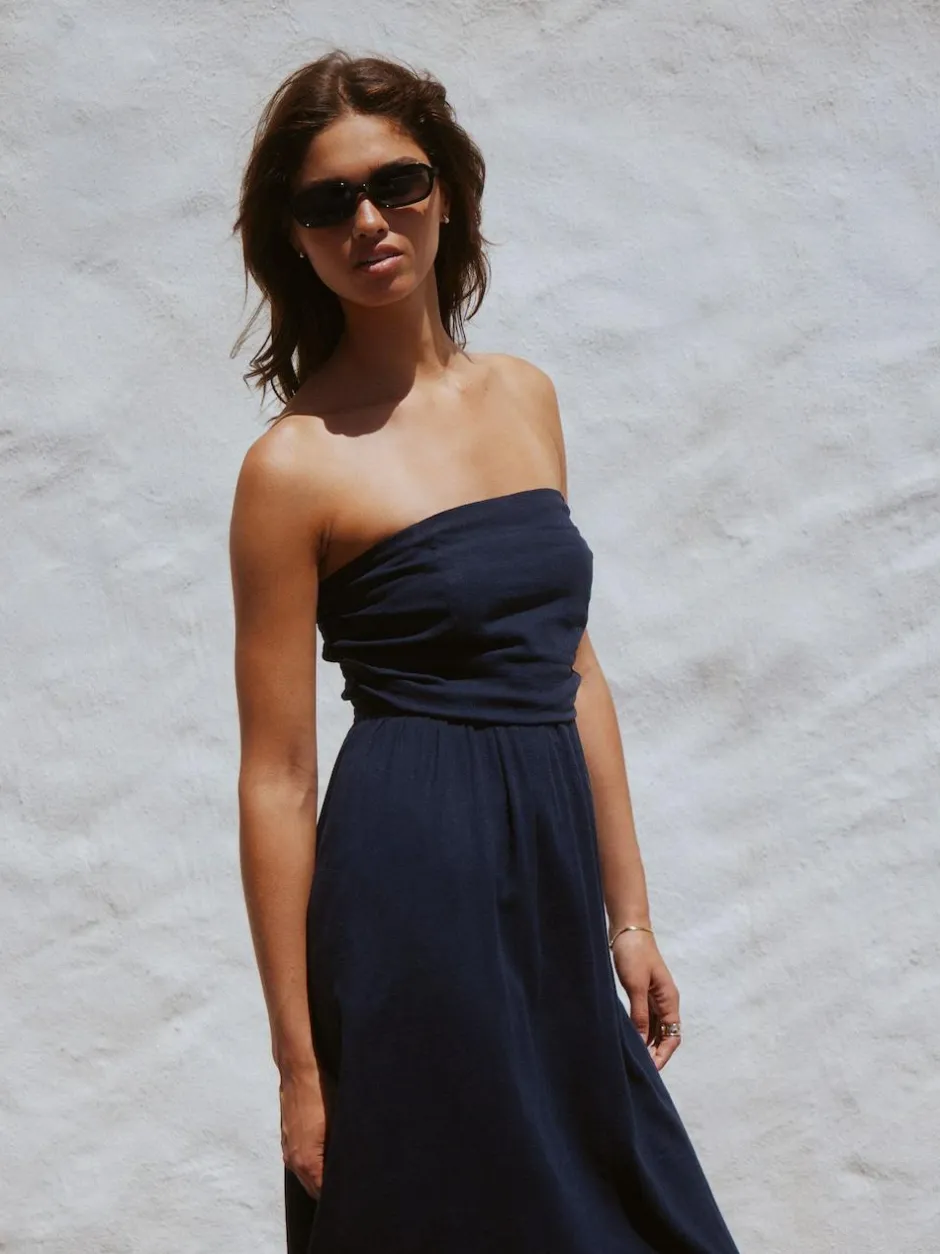 Next Ruched Bandeau Midi Dress with Linen Navy Blue