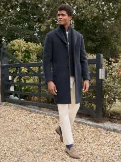 Next Signature Soft Touch Wool Rich Padded Italian Fabric Funnel Neck Coat Navy Blue Sale