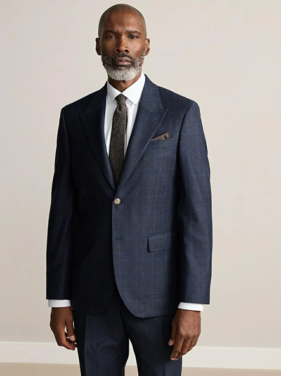 Next Navy Blue Slim Fit Signature Marzotto 100% Italian Wool Check Suit Jacket Best