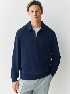 Next Soft Rib Texture Quarter Zip Neck Fleece Navy Blue Best