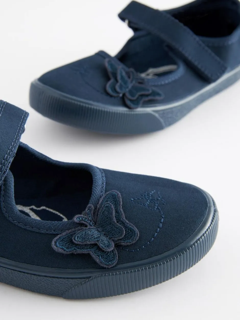 Next Standard Fit (F) Butterfly Embroidered School Plimsoll Shoes Navy Blue Hot