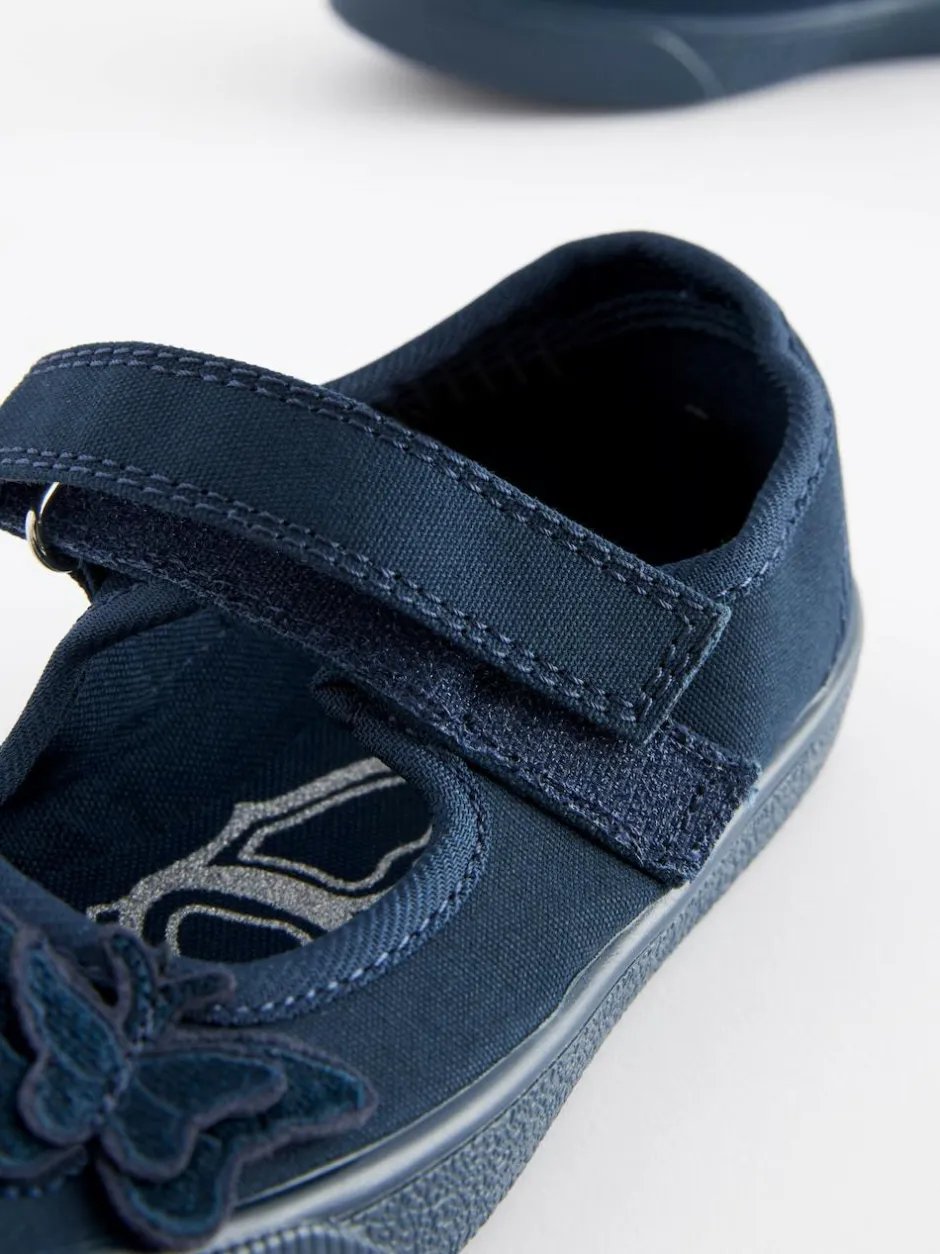 Next Standard Fit (F) Butterfly Embroidered School Plimsoll Shoes Navy Blue Hot