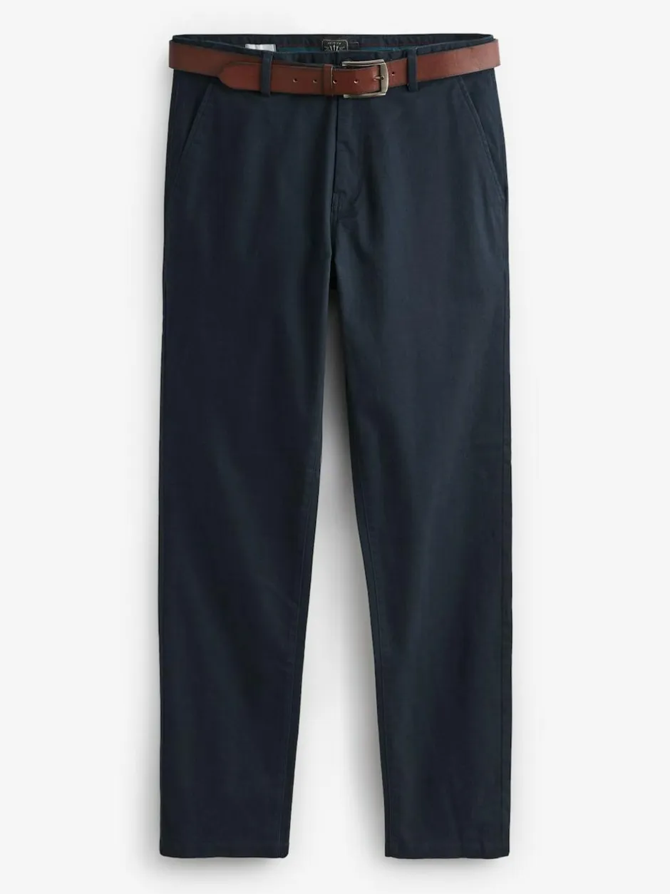 Next Straight Fit Belted Soft Touch Chino Trousers Navy Blue Hot