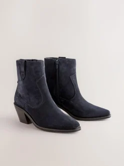 Next Standard/Wide Fit Cowboy Block Heel Ankle Boots Navy Blue Suede Sale