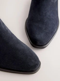 Next Standard/Wide Fit Cowboy Block Heel Ankle Boots Navy Blue Suede Sale