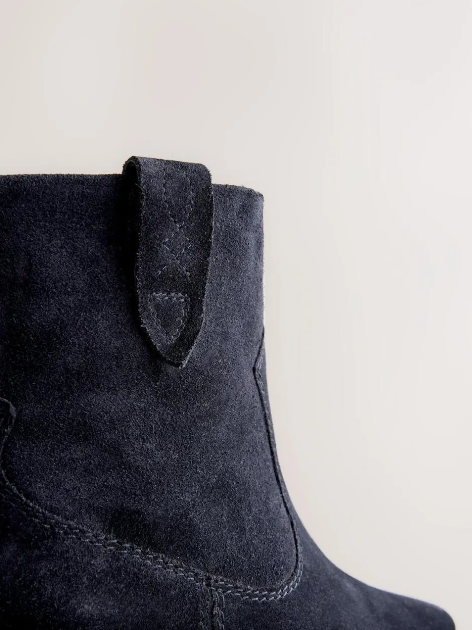 Next Standard/Wide Fit Cowboy Block Heel Ankle Boots Navy Blue Suede Sale