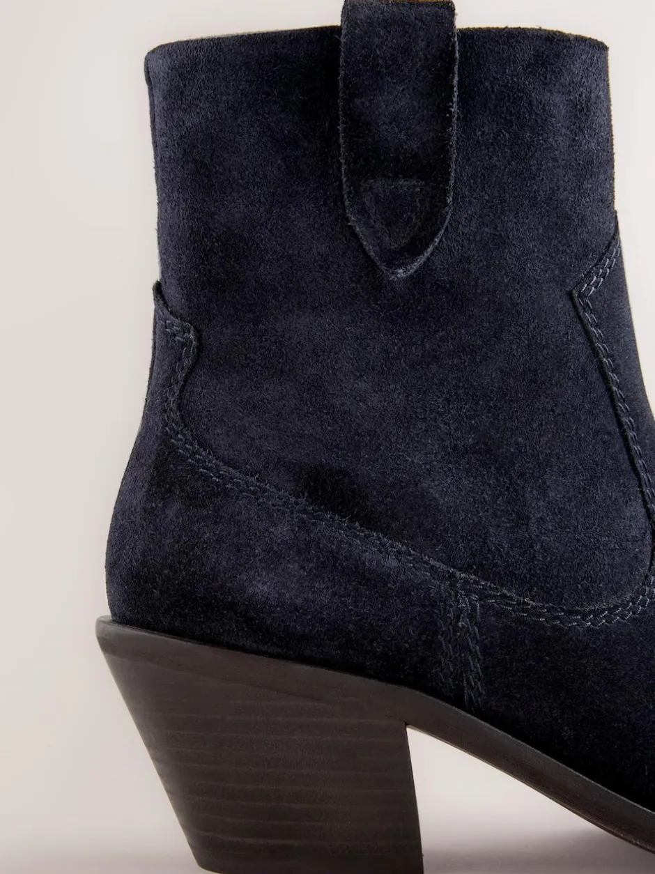 Next Standard/Wide Fit Cowboy Block Heel Ankle Boots Navy Blue Suede Sale