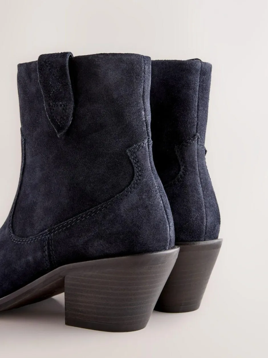 Next Standard/Wide Fit Cowboy Block Heel Ankle Boots Navy Blue Suede Sale