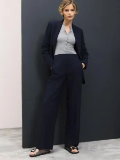Next Tailored Wide Leg Trousers With Wool Navy Blue Clearance