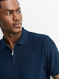 Next Textured Smart Zip Neck Polo Shirt Navy Blue Sale