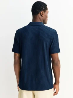 Next Textured Smart Zip Neck Polo Shirt Navy Blue Sale
