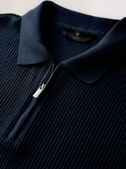 Next Textured Smart Zip Neck Polo Shirt Navy Blue Sale