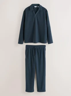 Next Navy Blue Towelling Long Sleeve Trophy Neck Pyjamas Set New