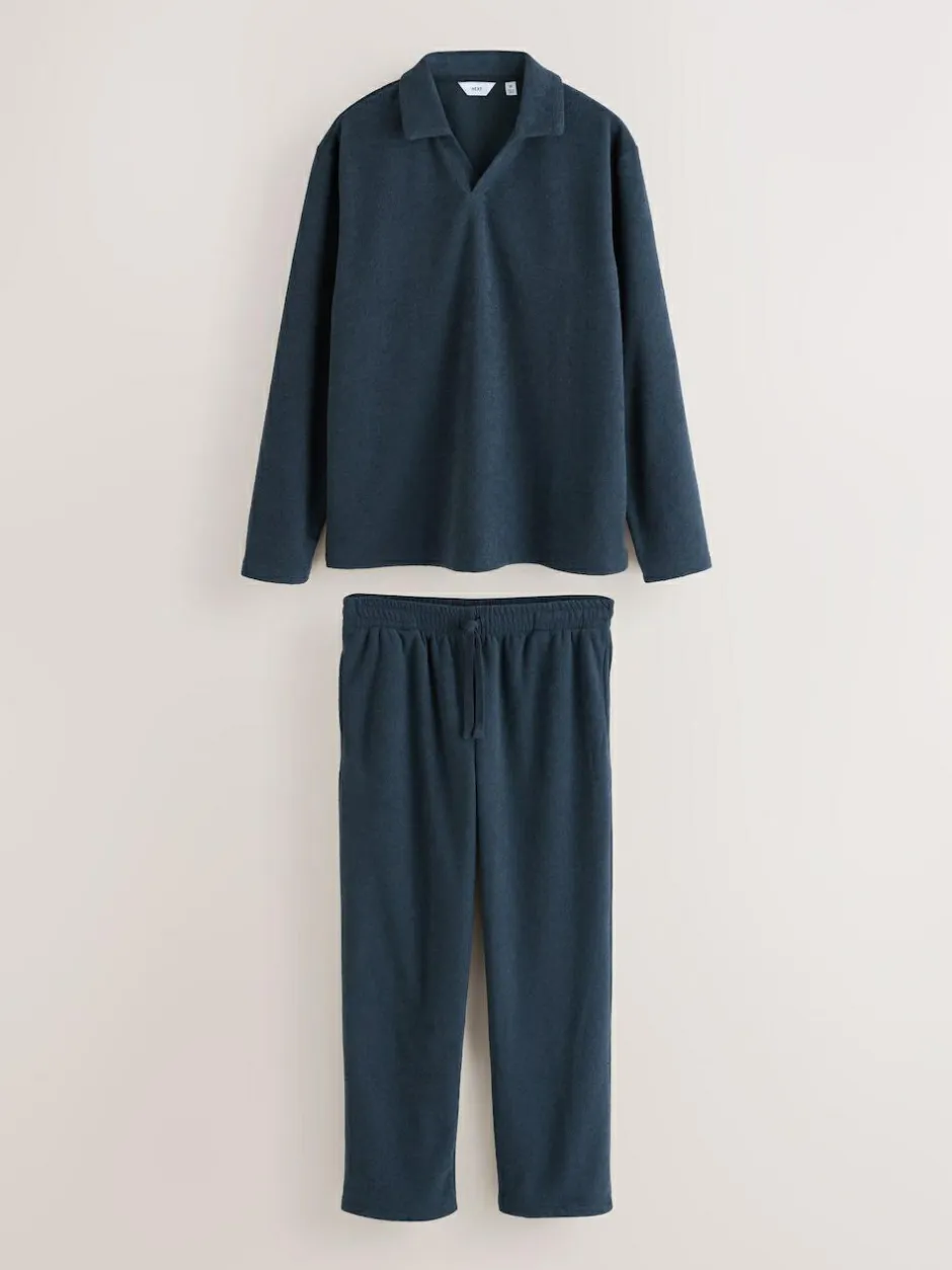 Next Navy Blue Towelling Long Sleeve Trophy Neck Pyjamas Set New