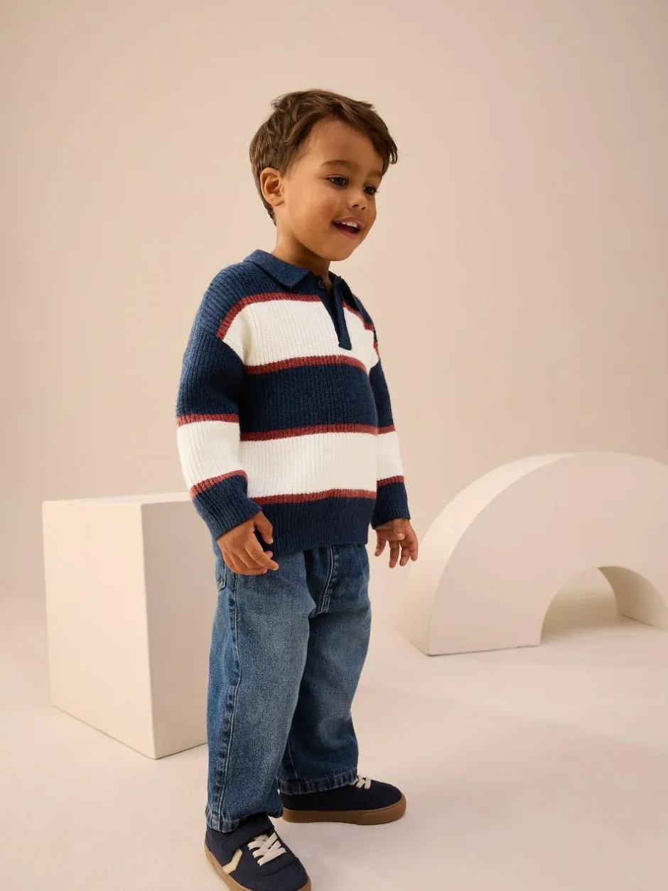 Next Knitted Stripe Rugby Polo Shirt (3mths-7yrs) Navy Blue/Burgundy Clearance