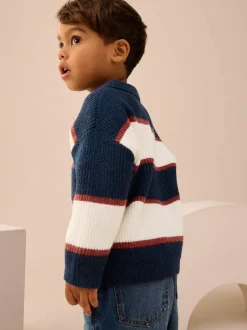Next Knitted Stripe Rugby Polo Shirt (3mths-7yrs) Navy Blue/Burgundy Clearance