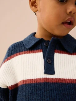 Next Knitted Stripe Rugby Polo Shirt (3mths-7yrs) Navy Blue/Burgundy Clearance