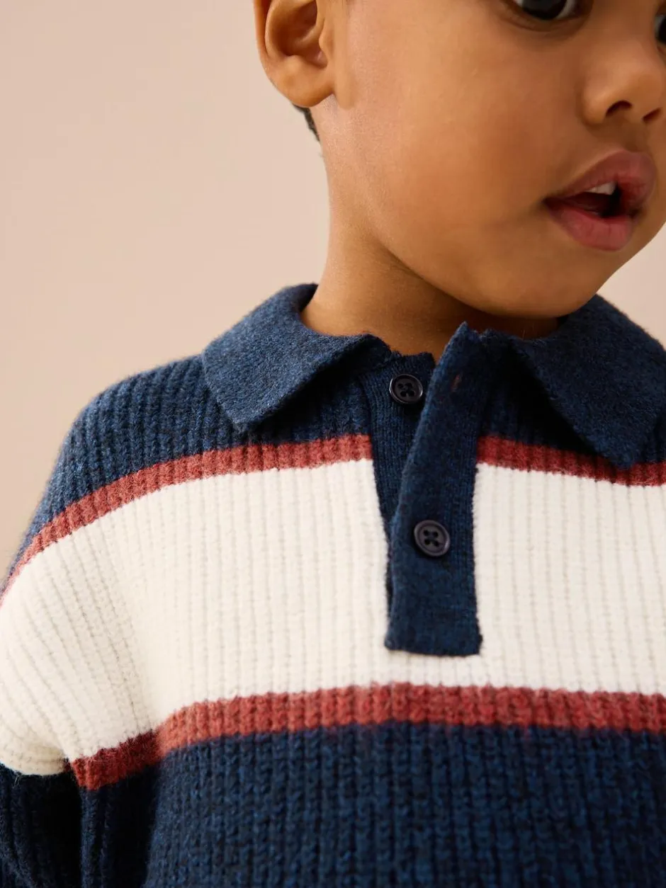 Next Knitted Stripe Rugby Polo Shirt (3mths-7yrs) Navy Blue/Burgundy Clearance