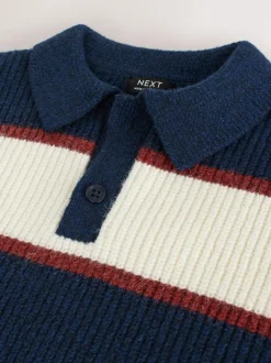 Next Knitted Stripe Rugby Polo Shirt (3mths-7yrs) Navy Blue/Burgundy Clearance