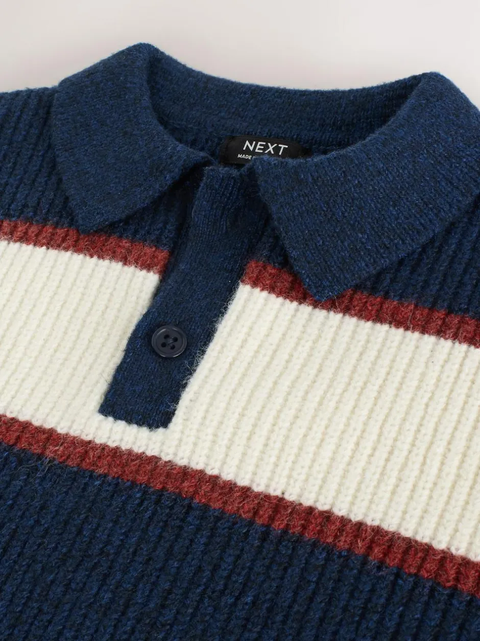 Next Knitted Stripe Rugby Polo Shirt (3mths-7yrs) Navy Blue/Burgundy Clearance