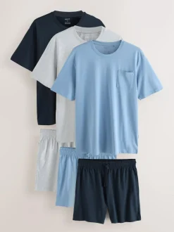 Next Jersey Pyjamas Shorts Set 3 Pack Navy Blue/Grey/Blue New