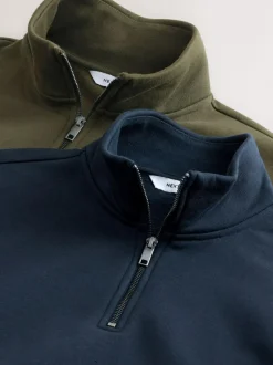Next Navy Blue/Khaki Green 2 Pack Cotton Rich Heavyweight Jersey Quarter Zip Neck Sweatshirts Outlet