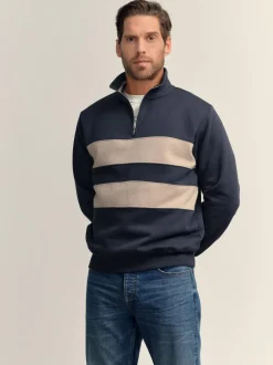 Next Quarter Zip Colour Blocking Sweatshirt Navy Blue/Neutral Online